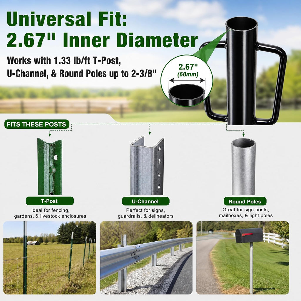 Fence Post Driver, 12LB Heavy Duty T Post Pounder with Ergonomic Handle, 2.7" Inner Dia Steel Posts Hole Diggers Hand