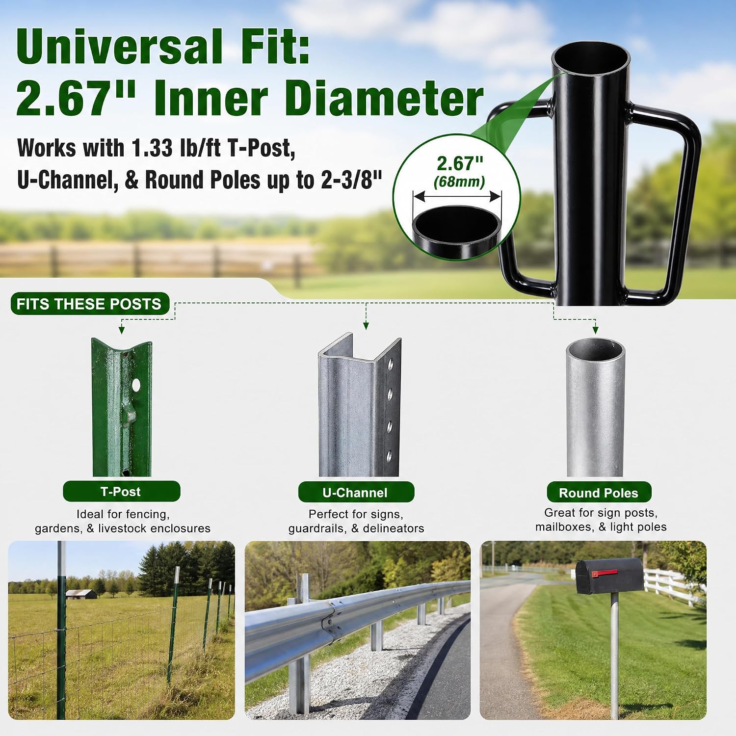 Fence Post Driver, 12LB Heavy Duty T Post Pounder with Ergonomic Handle, 2.7" Inner Dia Steel Posts Hole Diggers Hand