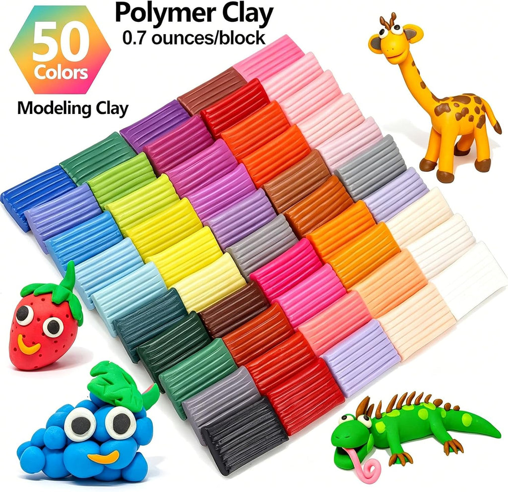 50-Color Polymer Clay Oven Bake Modeling Kit | 14 sculpting tools, 2‑layer box, accessory pack, guide. Great for