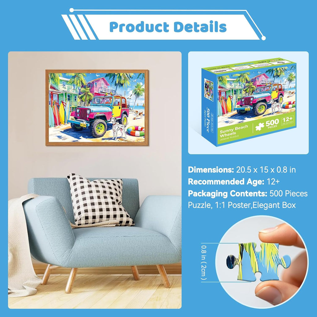 500 Piece Jigsaw Puzzle for Adults – Colorful Beach Jeep with Surfboards and Tropical Island Scene, Cute Dalmatian