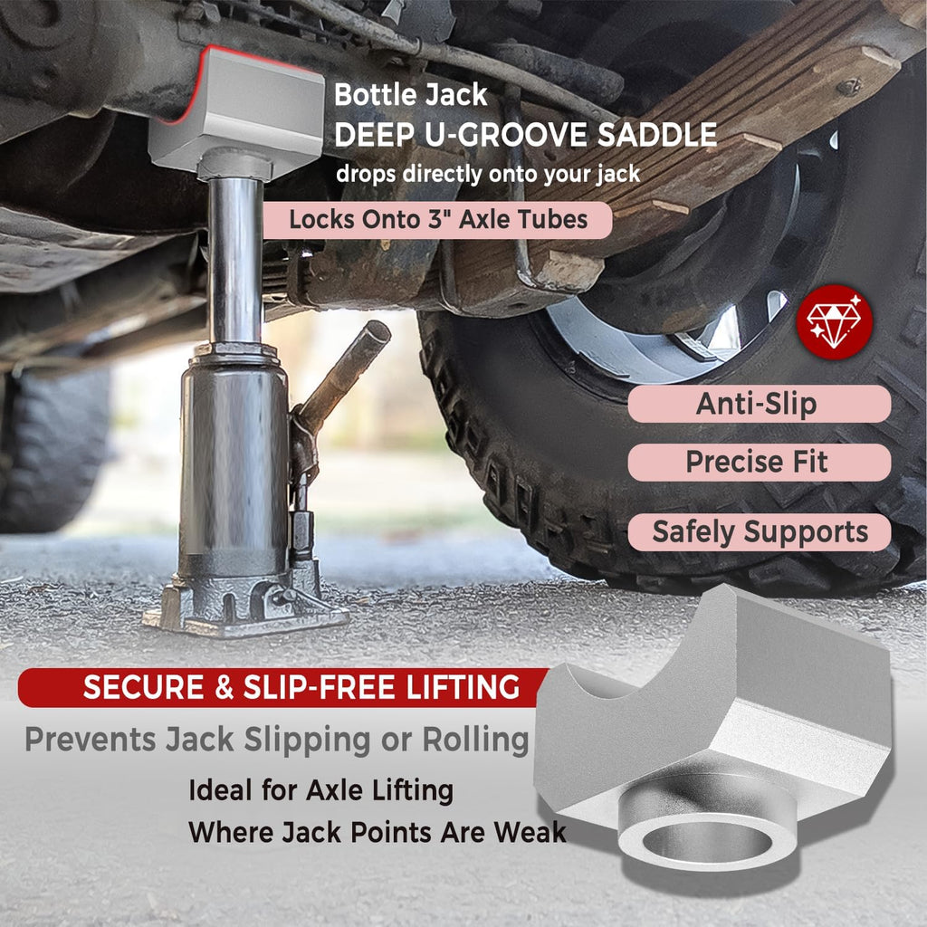 Bottle Jack Saddle for 3 Inch and 4 Inch Round Axle Tube, Soild Aluminum Jack Axle Lifting Platform, Suitable for