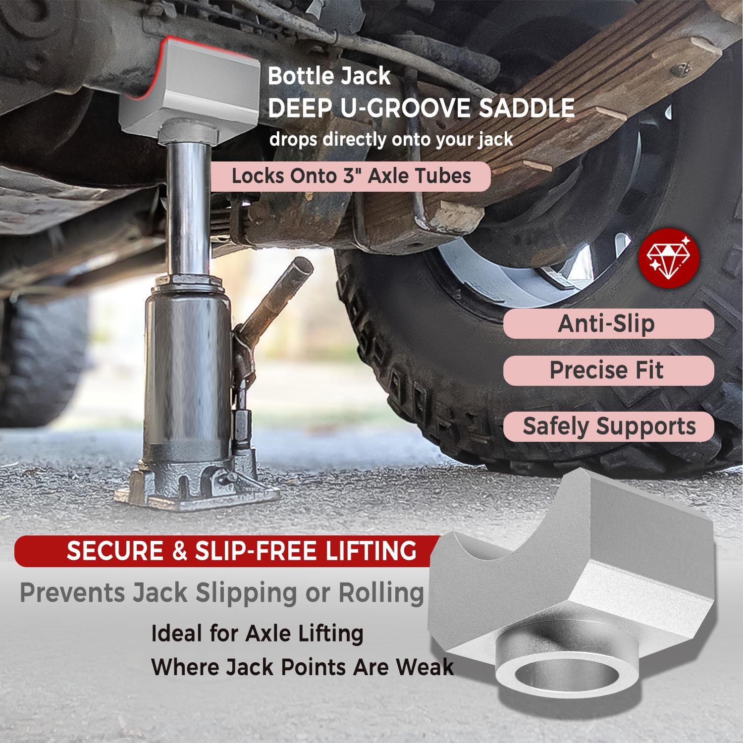 Bottle Jack Saddle for 3 Inch and 4 Inch Round Axle Tube, Soild Aluminum Jack Axle Lifting Platform, Suitable for
