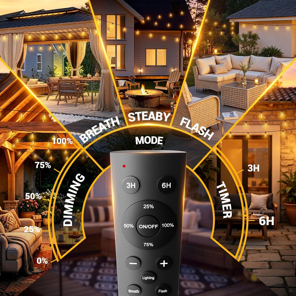 200FT Outdoor String Lights with Remote, Waterproof Patio Lights with 72+2 Shatterproof LED Bulbs,Dimmable Hanging