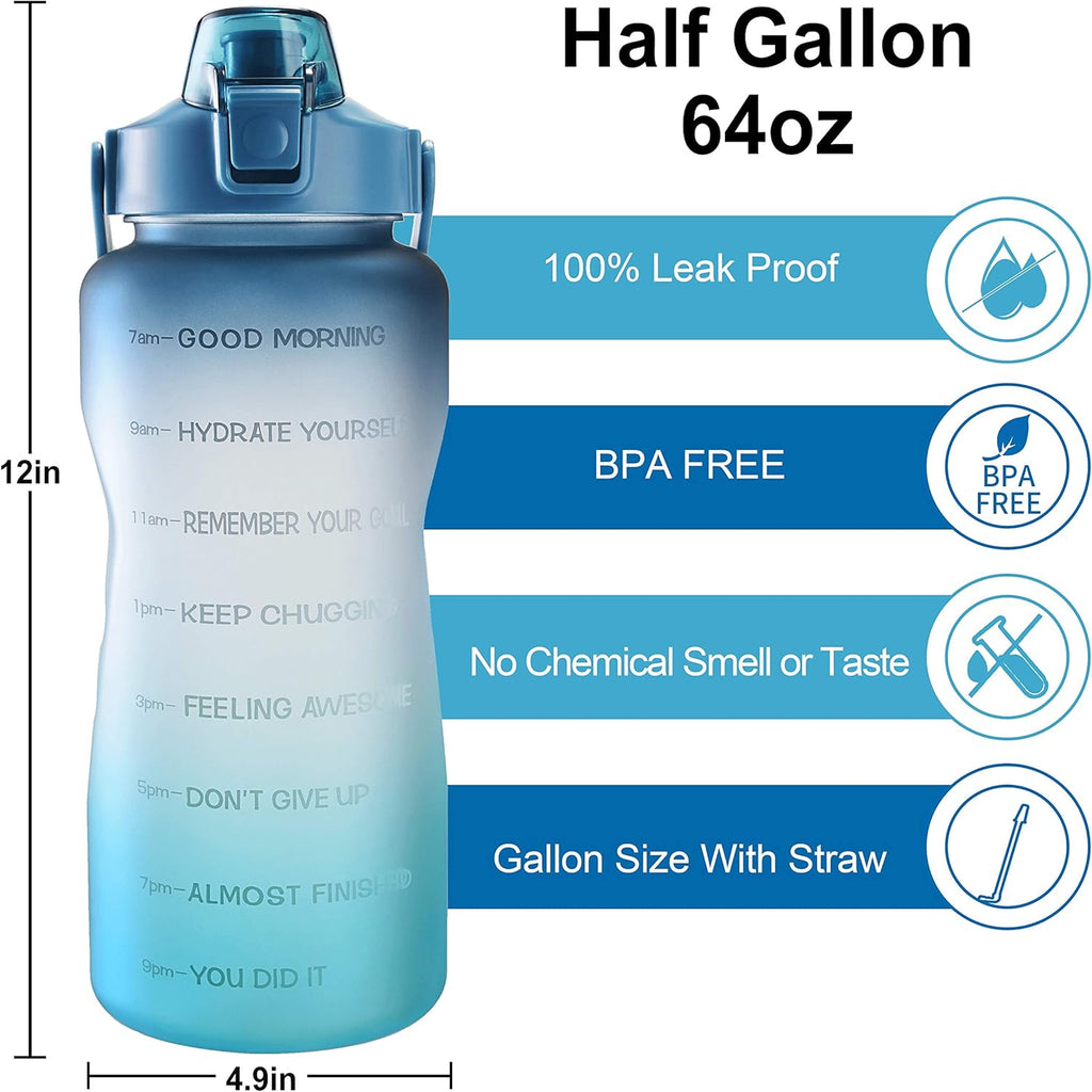 64oz/128oz Leakproof Free Drinking Water Bottle with Motivational Time Marker BPA Free for Fitness, Gym and Outdoor
