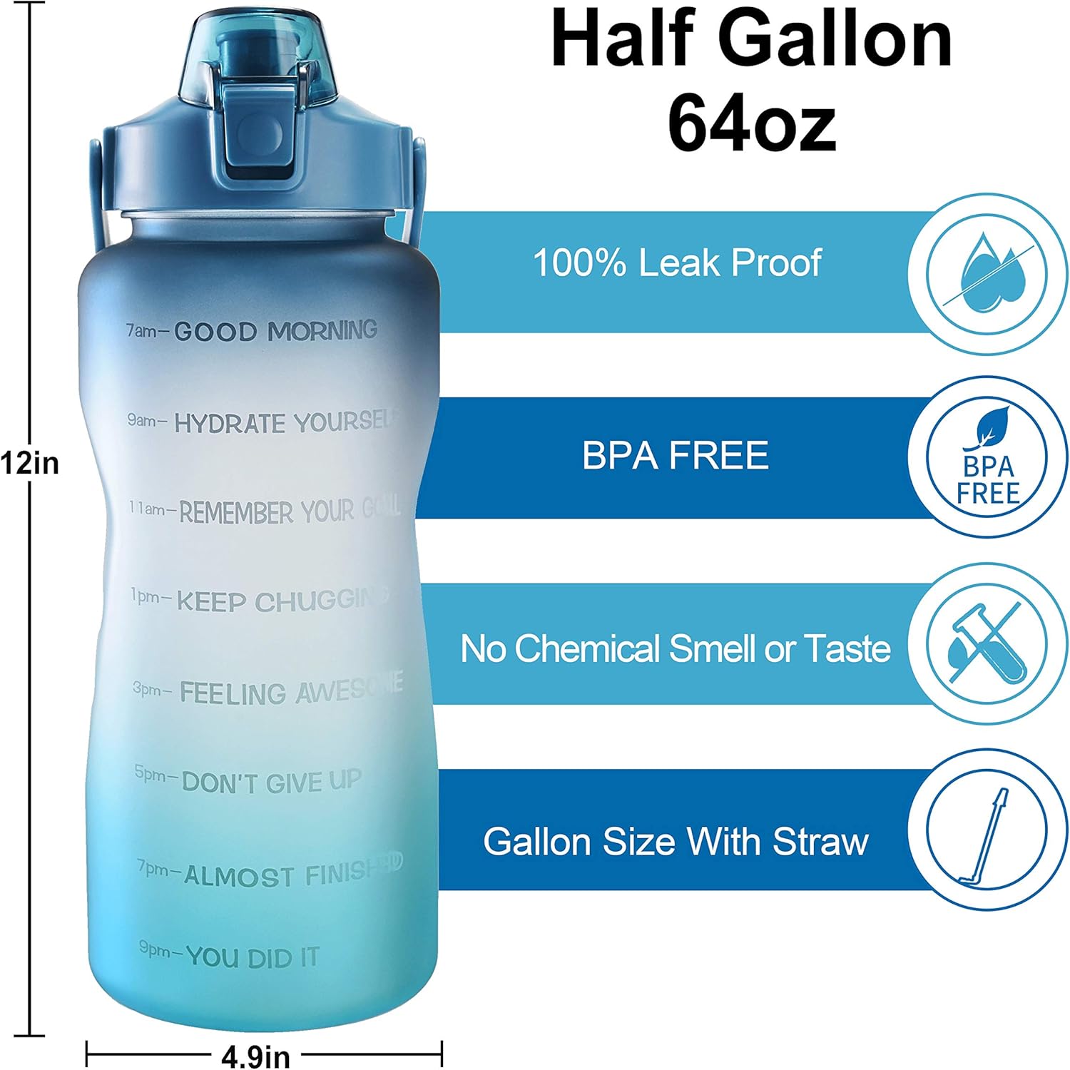 64oz/128oz Leakproof Free Drinking Water Bottle with Motivational Time Marker BPA Free for Fitness, Gym and Outdoor