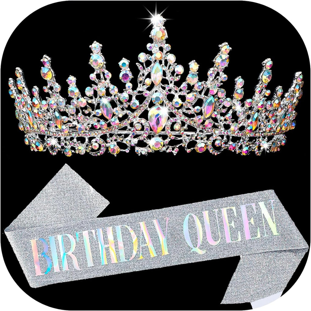 Birthday Queen Sash for Women, Tiara and Rhinestone Headband Set, Glitter Crown Hair Accessories for Girls Party
