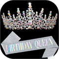 Birthday Queen Sash for Women, Tiara and Rhinestone Headband Set, Glitter Crown Hair Accessories for Girls Party