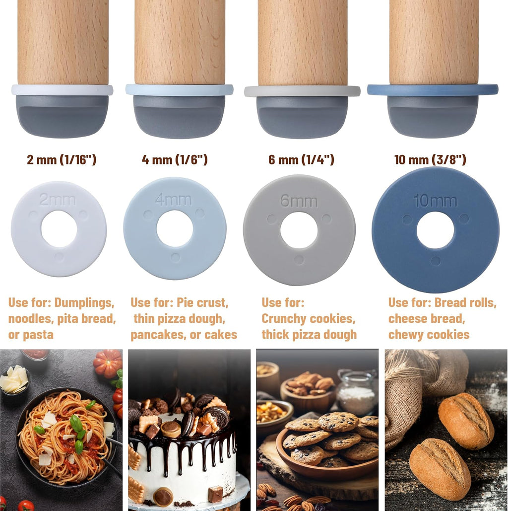 Adjustable Rolling Pin with Thickness Rings, 13.8", 4 Rings
