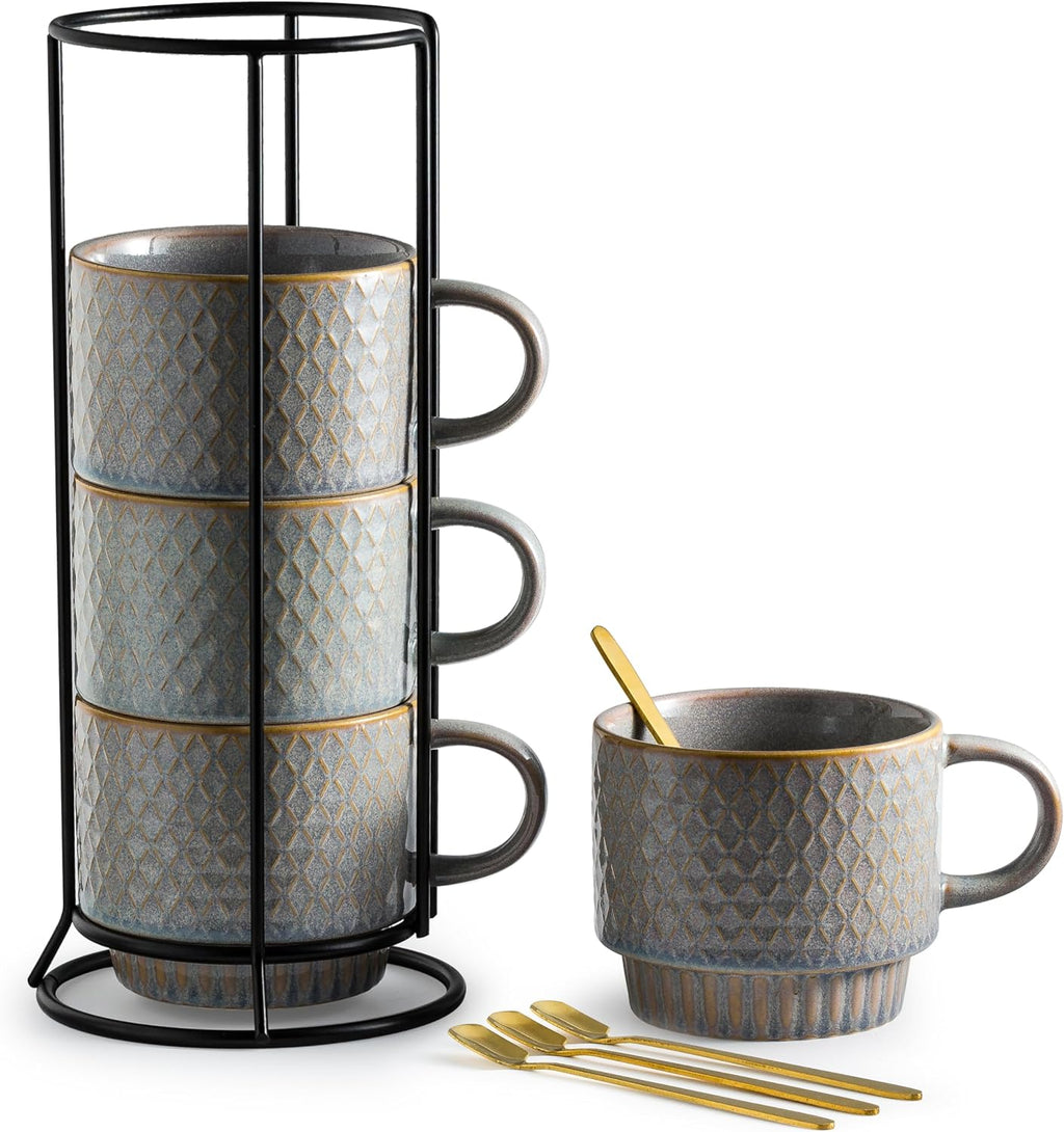 Stackable Coffee Mugs Set of 4 Coffee Cups with Stand, Light Gray