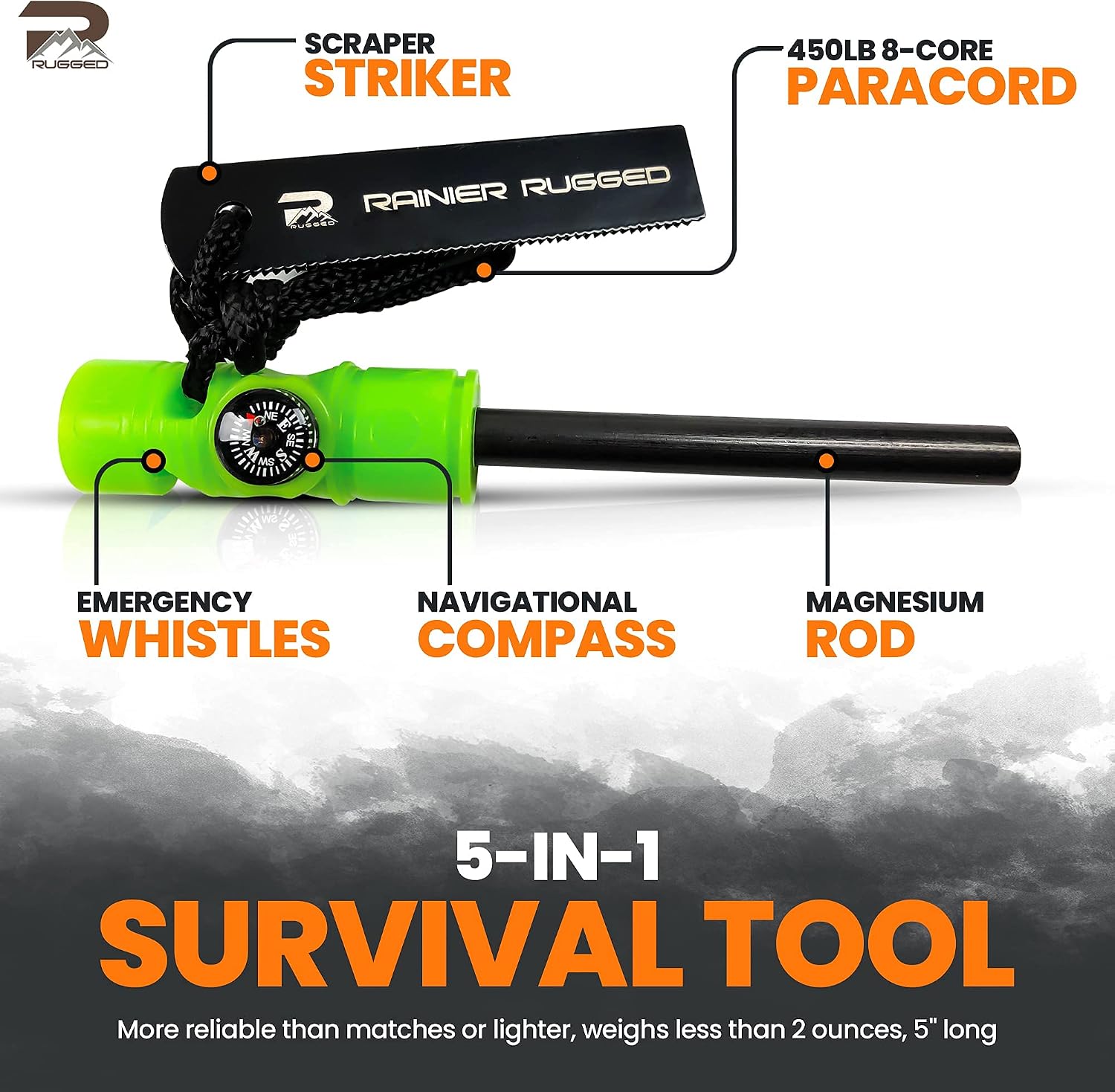 Rainier Rugged 5-in-1 Glow-in-The-Dark Fire Starters Kits with Compass, Signal Mirrors, Whistles -Magnesium Ferro
