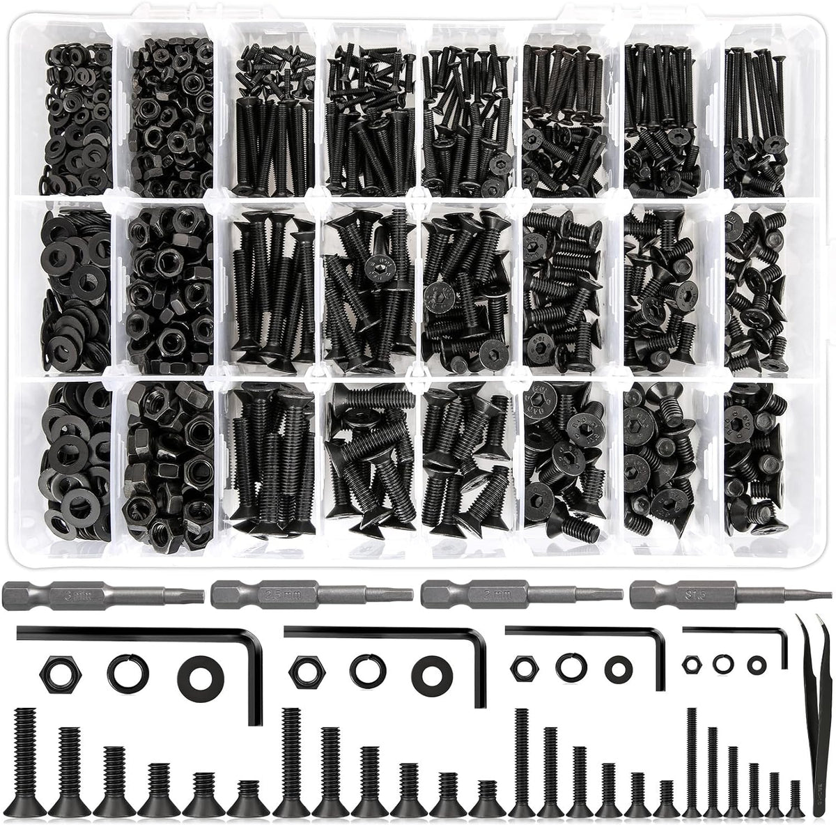 1700Pcs M2 M3 M4 M5 Hex Socket Flat Head Screws Assortment Kit