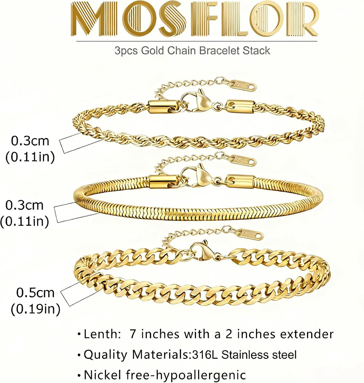 Gold Bracelets for Men Trendy - Dainty Gold Plated Stainless Steel Snake Link Bracelet Stack Rope Figaro Herringbone