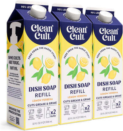 Dish Soap Liquid Refills - Plant Based Cleaning Power - Cuts Grease & Grime - Free of Harsh Chemicals - Uses 90% Less