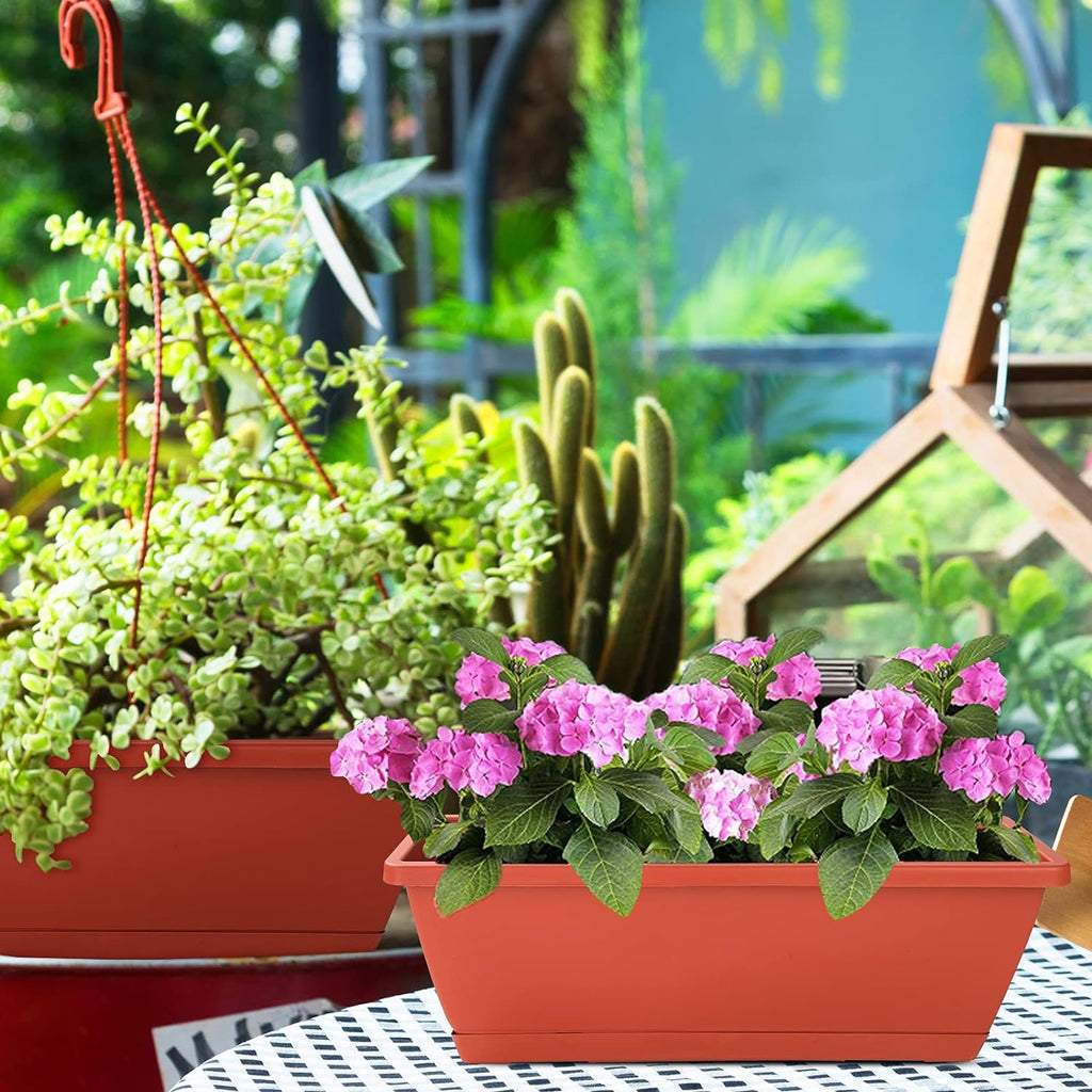 Window Box Planter, 7 Pack Plastic Vegetable Flower Planters Boxes 17 Inches Rectangular Flower Pots with Saucers for