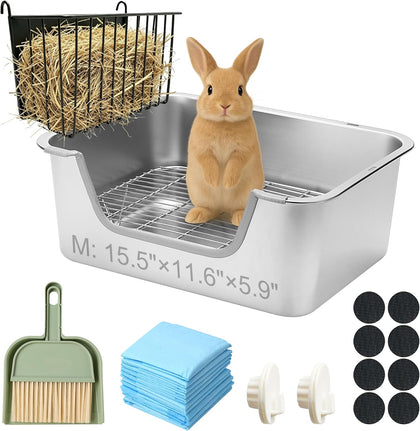 Stainless Steel Rabbit Sifting Litter Box with Hay Feeder (M)