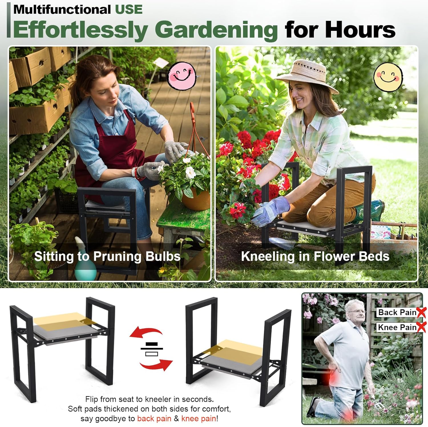 Garden Kneeler and Seat Heavy Duty - Anti-Tip Super Stable Multifunctional Gardening Stool Bench,Wide 12.7"