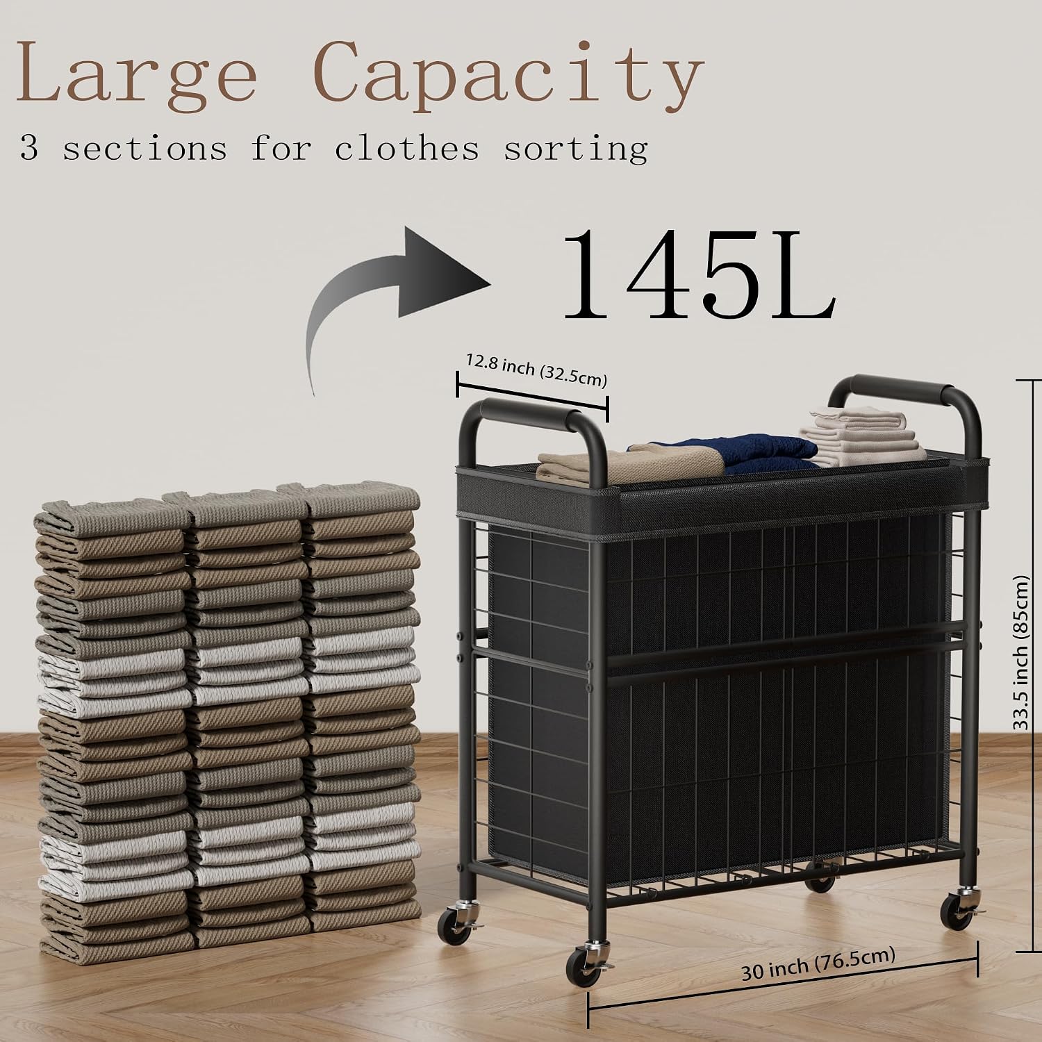 145L Rolling laundry Sorter Hamper Basket 3 Section with Wheels | Laundry Cart with Removable Bag, Clothes Organizer