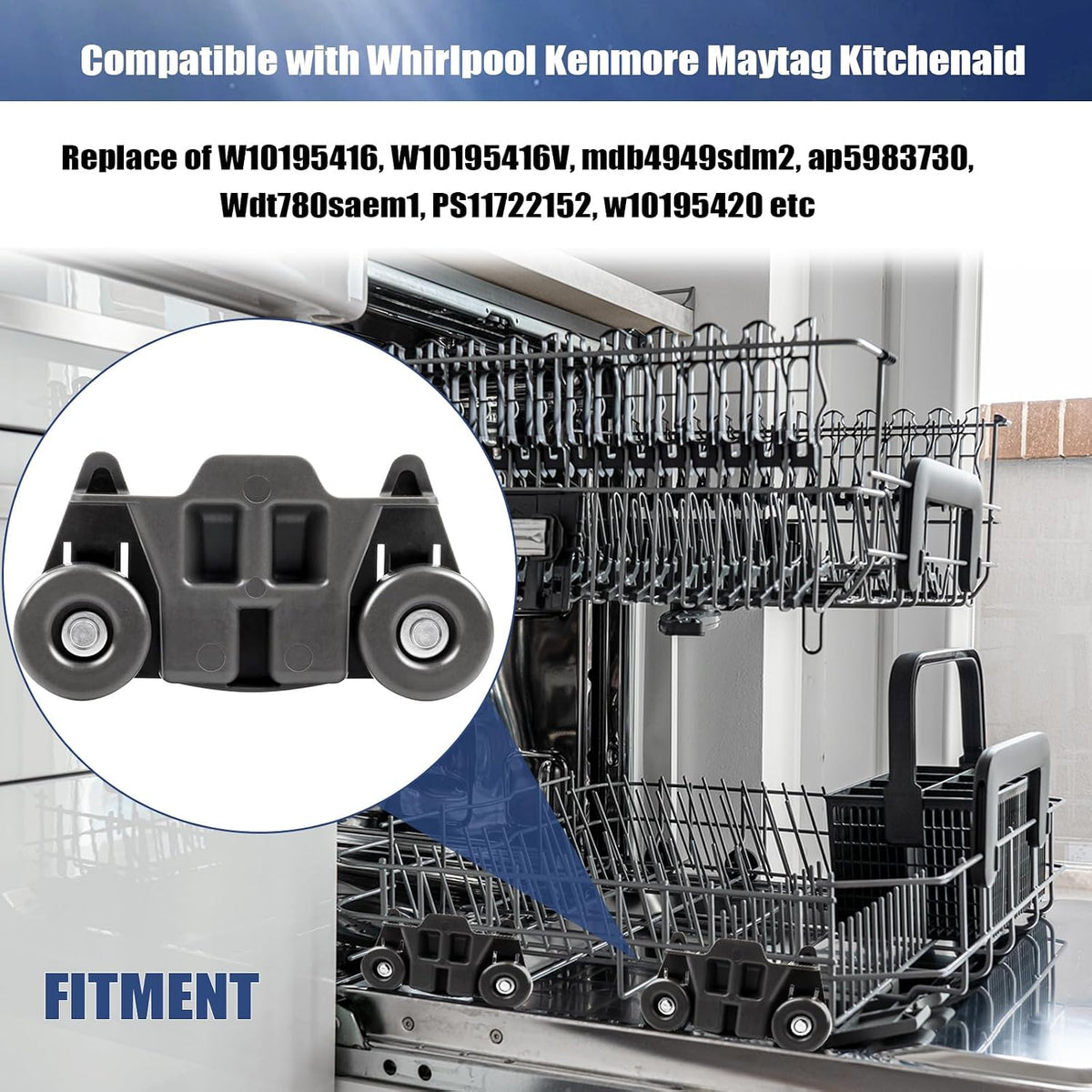 Dishwasher Wheels Lower Rack Upgraded Compatible for Whirlpool/Kenmore/Maytag/Kitchenaid. Replace Dishwasher Rack Wheels Parts of W10195416,W10579095A,PS11722152,W10195420,W10311123B,AP5983730(4PACK)