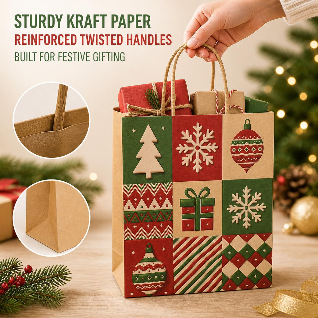 24 Pack Christmas Gift Bags with Handles, 9.1 In