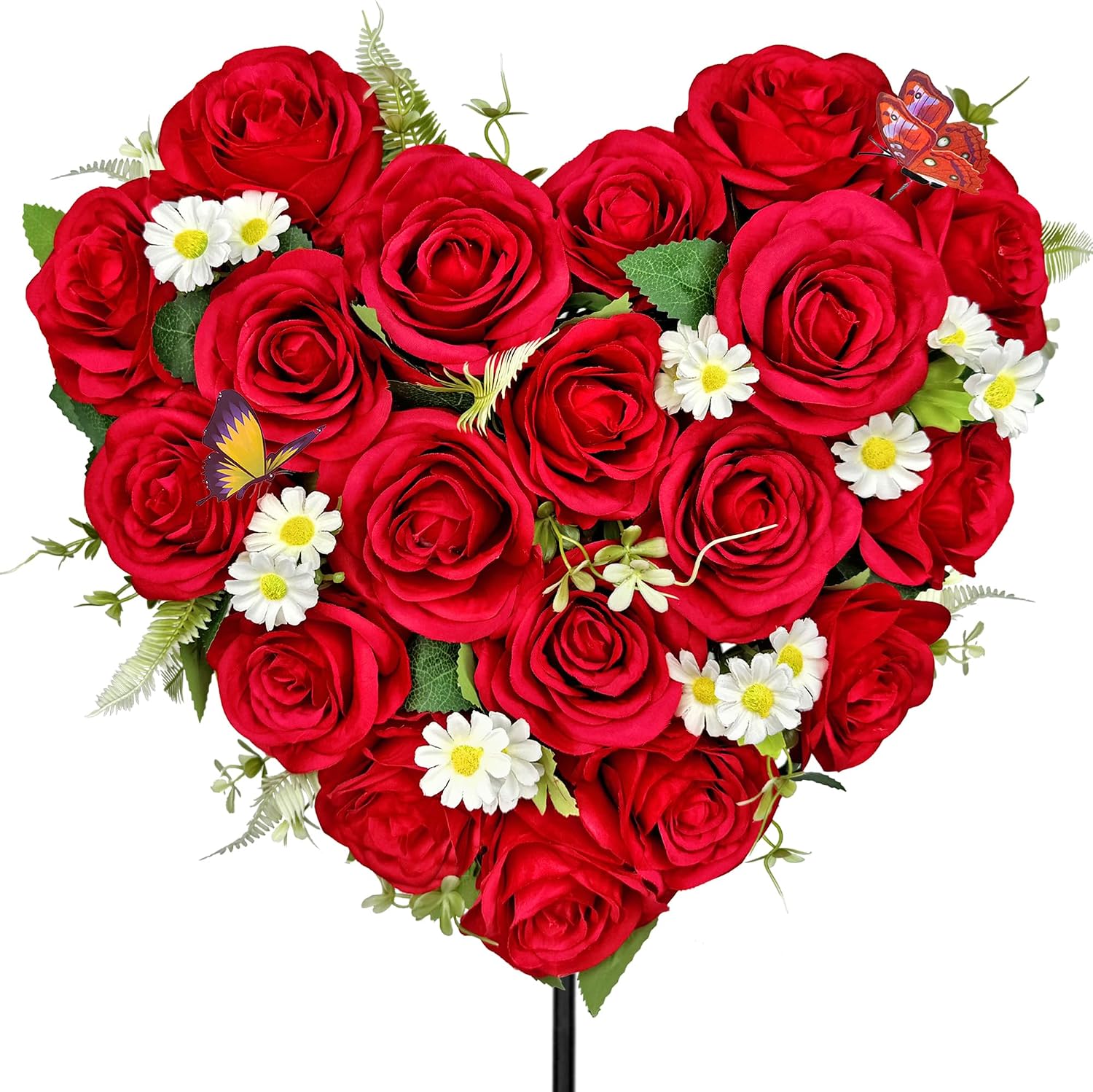 Artificial Cemetery Flowers, Grave Memorial Flowers with Ground Spike,Heart Shaped Wreaths Rose Daisy for Gravesites