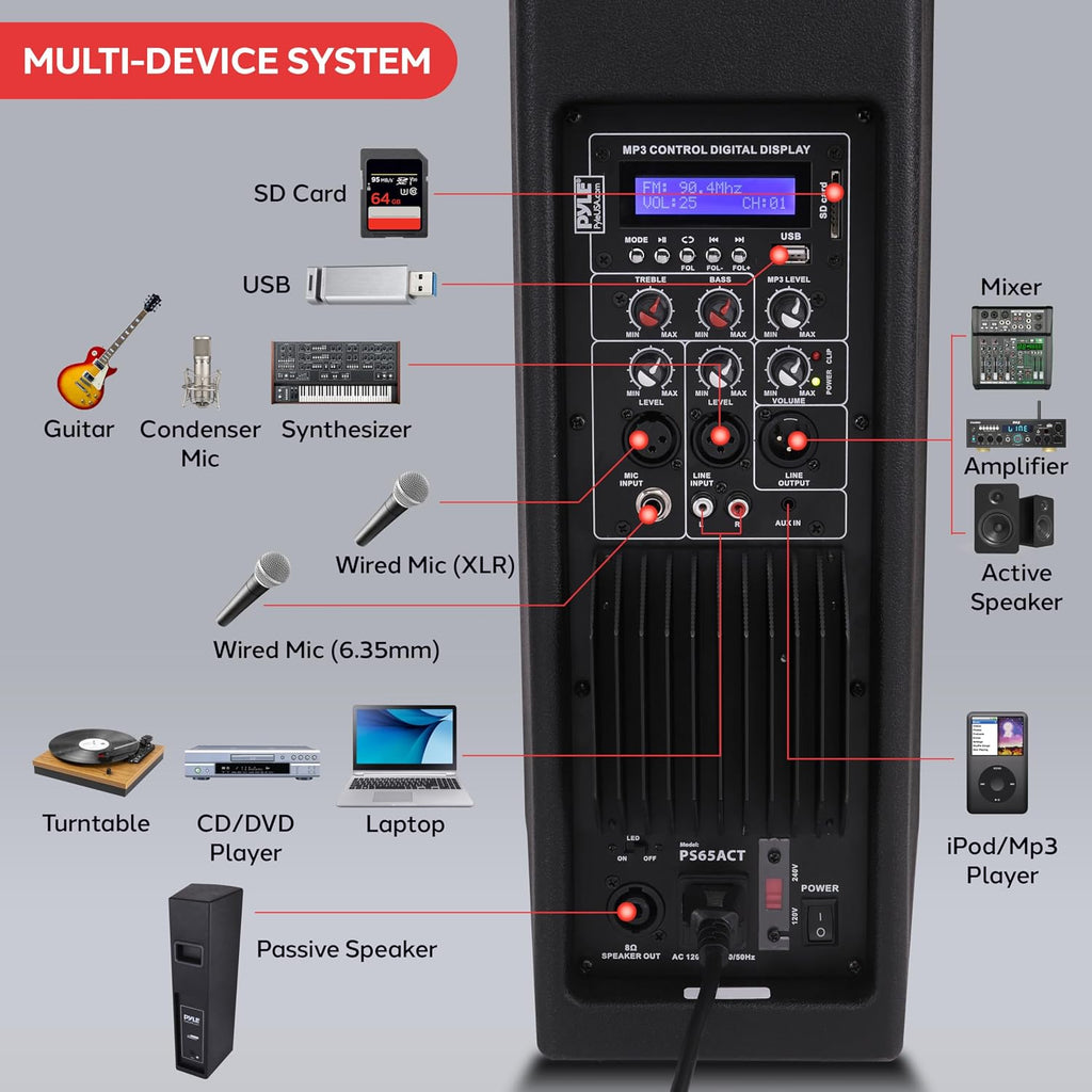 Portable Bluetooth PA System, 2000W Active and Passive Speaker System with Mic Input, Party Lights, USB/SD Card