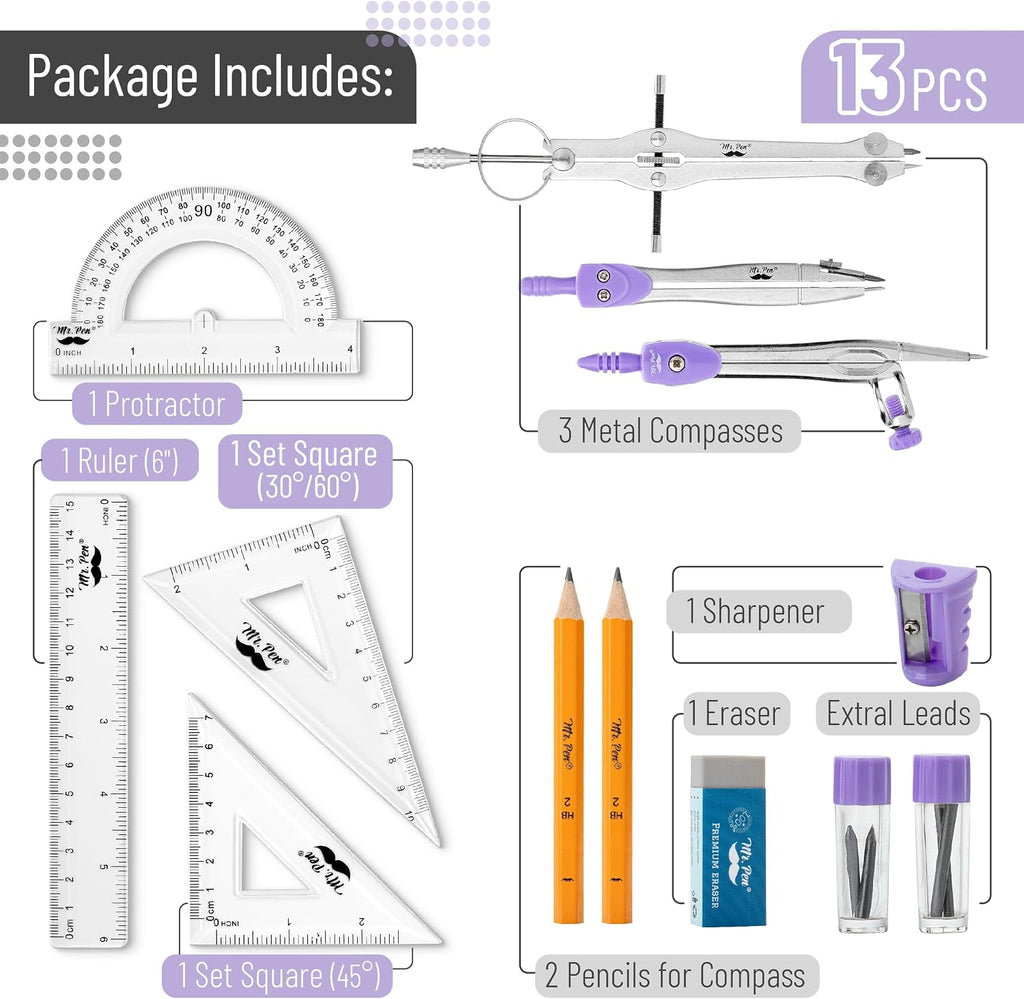 Geometry Set, 13 pcs, 3 Metal Compasses, Protractor, 6" Ruler | 45° & 30°/60° Set Squares, Pencils, Lead Refills