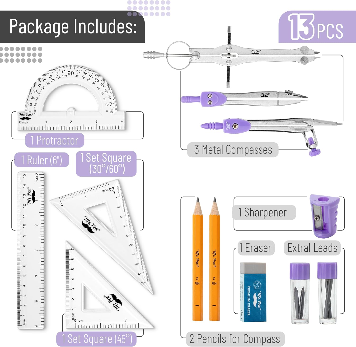 Geometry Set, 13 pcs, 3 Metal Compasses, Protractor, 6" Ruler | 45° & 30°/60° Set Squares, Pencils, Lead Refills