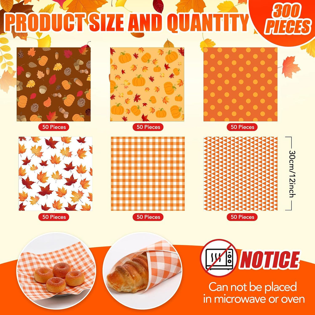 300Pcs Fall Deli Paper 12x12 Wax Parchment Waterproof Sheets for Food