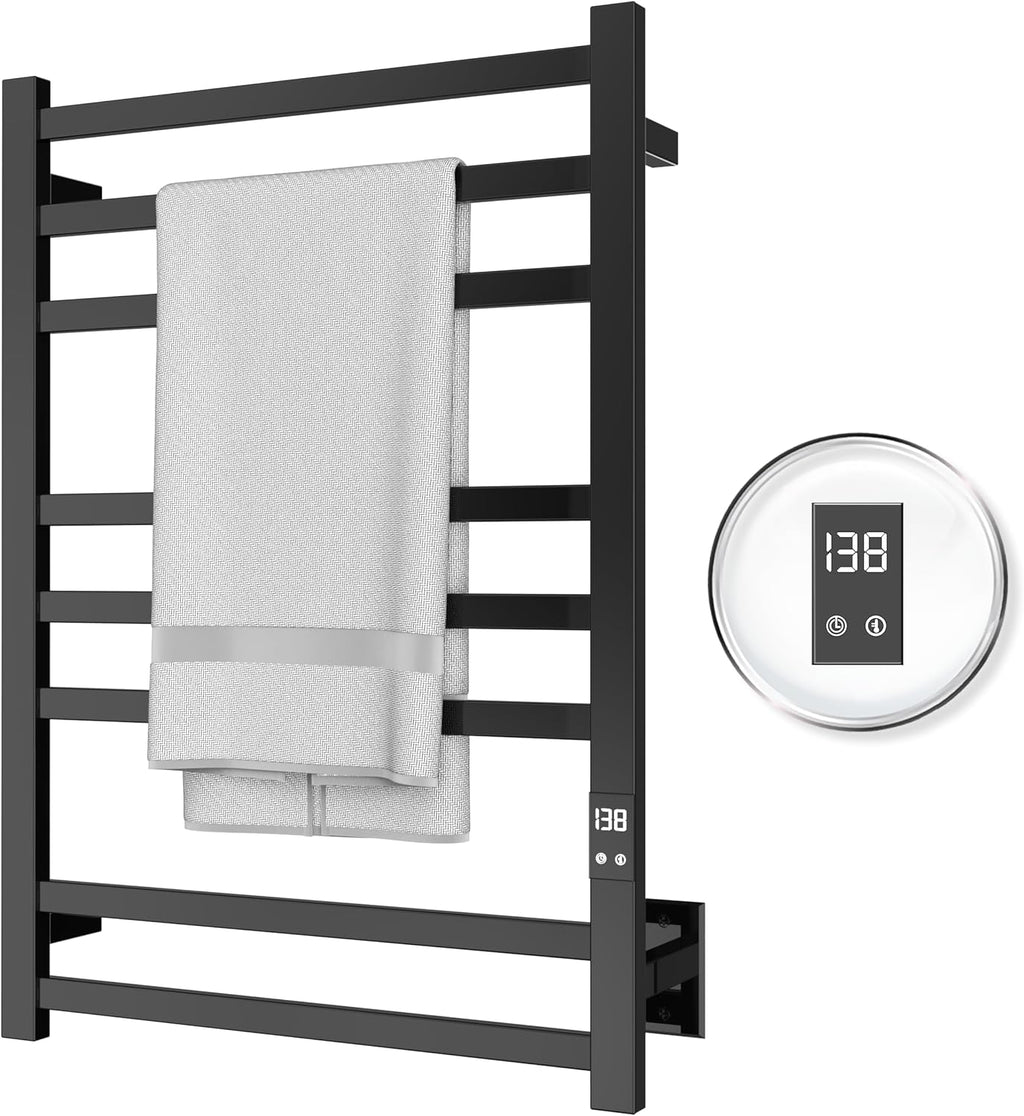 Heated Towel Rack, 8-Bar Wall Mount, Matte Black Stainless Steel | 304 stainless steel, 115-155°F adjustable, 1-24H