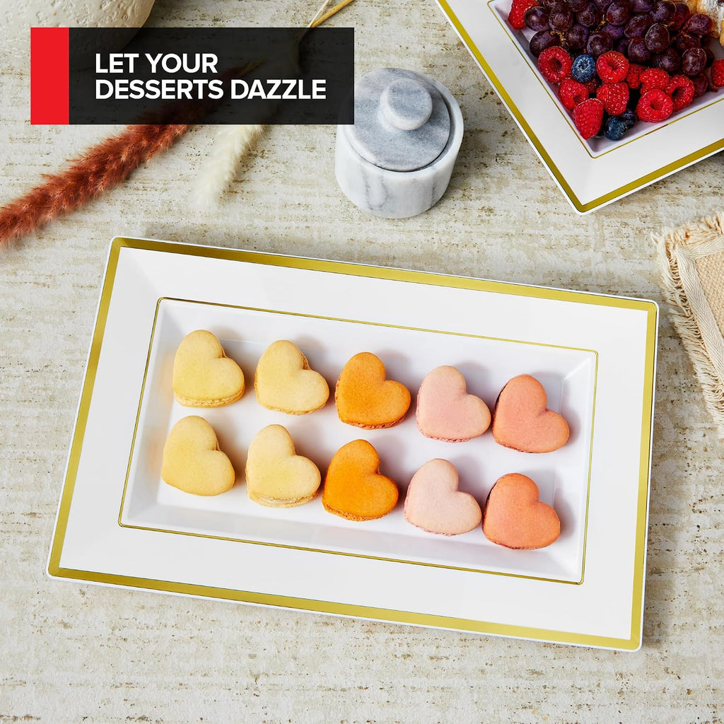 (12 Pcs) Premium White and Gold Plastic Serving Tray, Plastic Serving Platter Disposable, White Rectangle Party Trays
