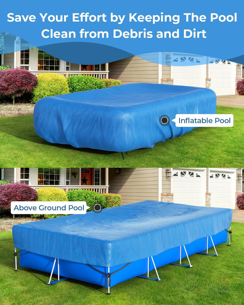 Inflatable Pool Cover Rectangle for 120” x 72”, 130” x 72”, 145" x 74" Pool, Secure Elastic Edge & Drawstrings 10' x