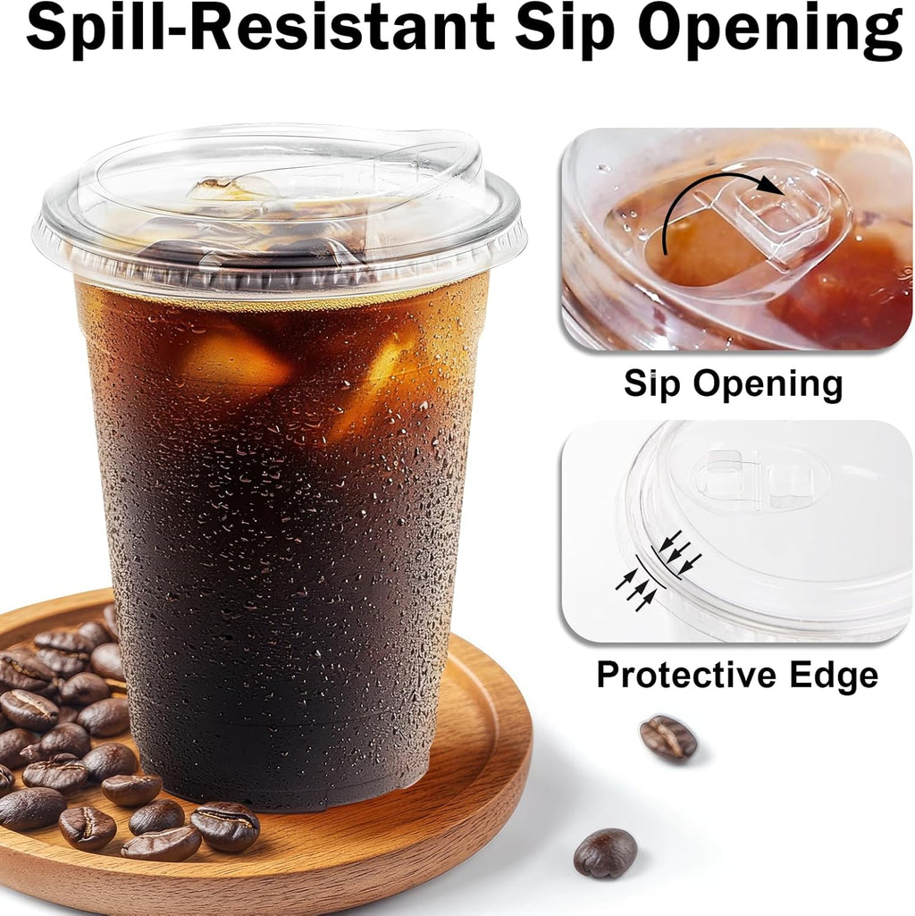 100 Pack 16 oz Clear Plastic Cups with Sip Lids, Iced Coffee Cups