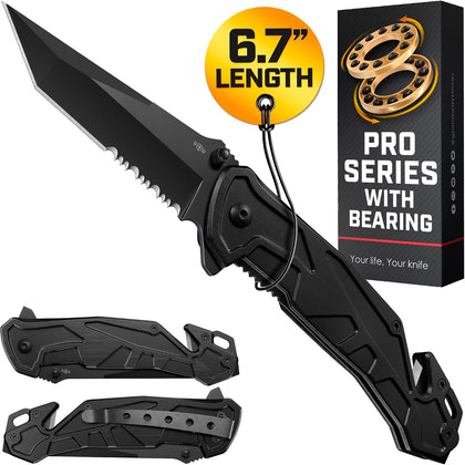 6.7" Compact Legal Pocket Knife with Bearing - 5 in 1 Knife - 2.8” Serrated Tanto Blade - with Glass Breaker &