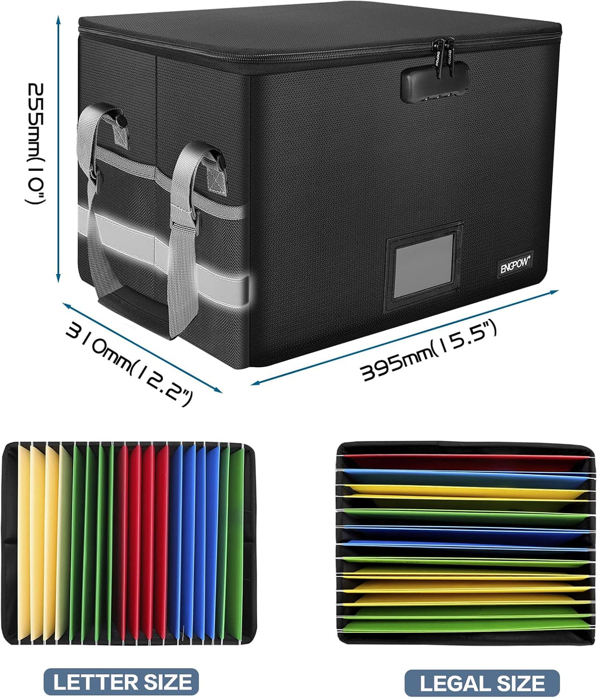 File Box with Lock, Fireproof Document Box with Pockets, Collapsible File Organizer Filing Storage Cabinet with