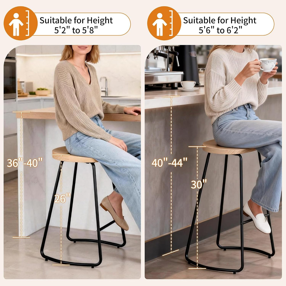 Backless Bar Stools Set of 3, 26" Wood Saddle Counter Stools