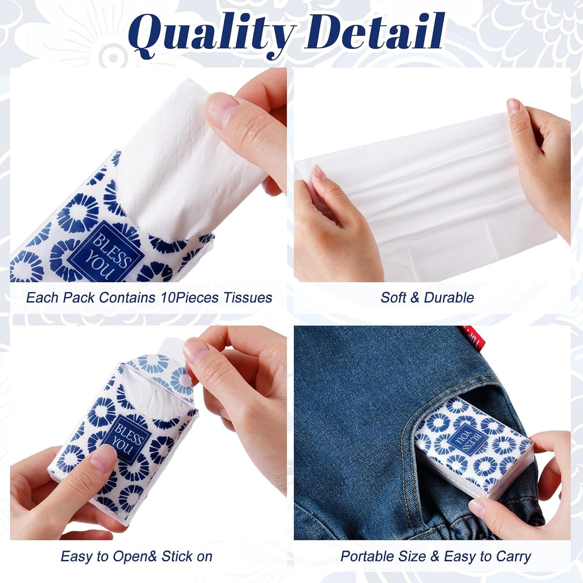 10 Packs Pocket Tissues, Blue Floral Bless You, 3 Ply, 80 Sheets