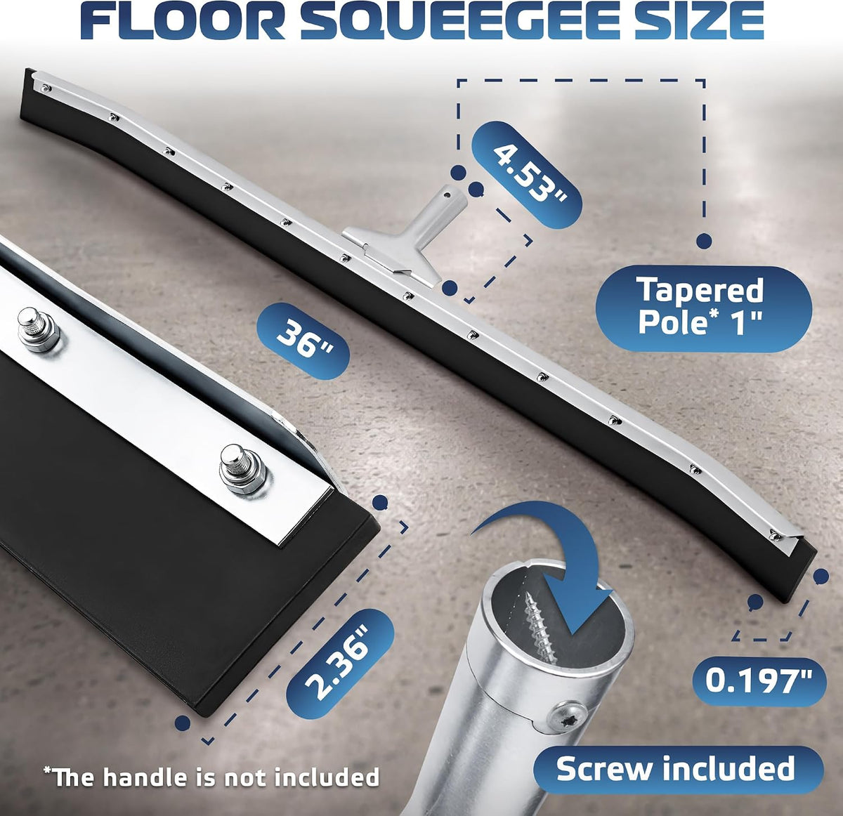 Curved Floor Squeegee 36’’, Rubber Blade Garage Squeegee, Taper Pole Connection - Handle Sold Separately for Tiles