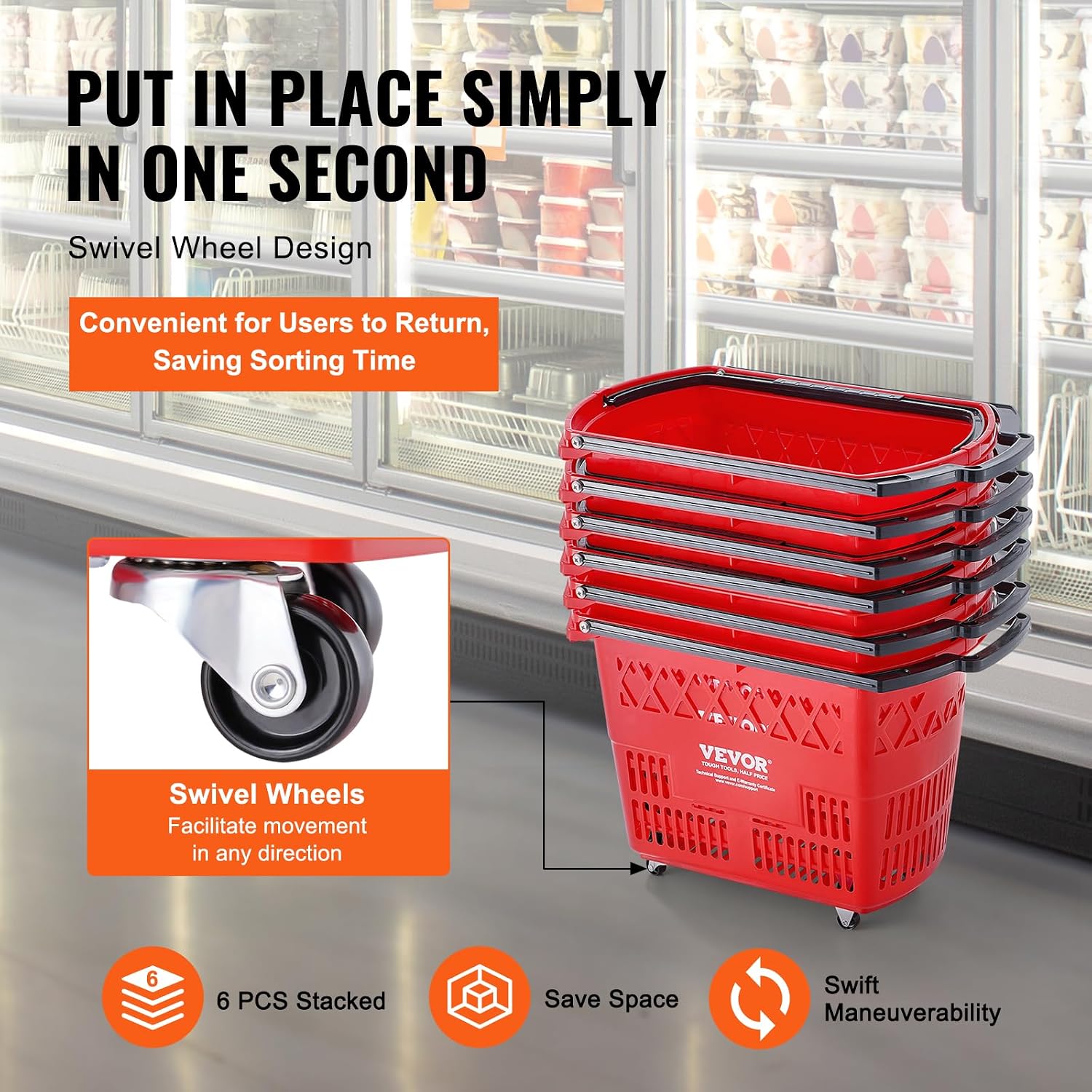 Shopping Carts with Handles, 6PCS, 39L Plastic Rolling Shopping Basket with Wheels, Large Portable Shopping Basket