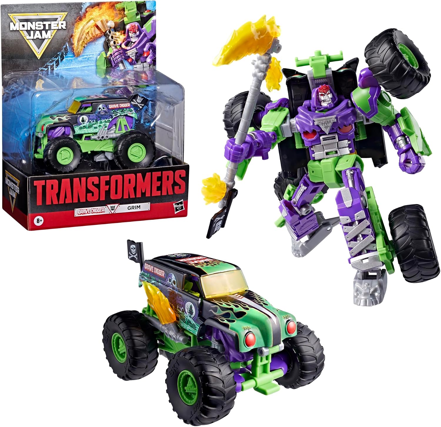 Collaborative x Monster Jam Grave Digger (Grim) | Leader Class 9.25-inch Robot Action Figure Converts to Monster