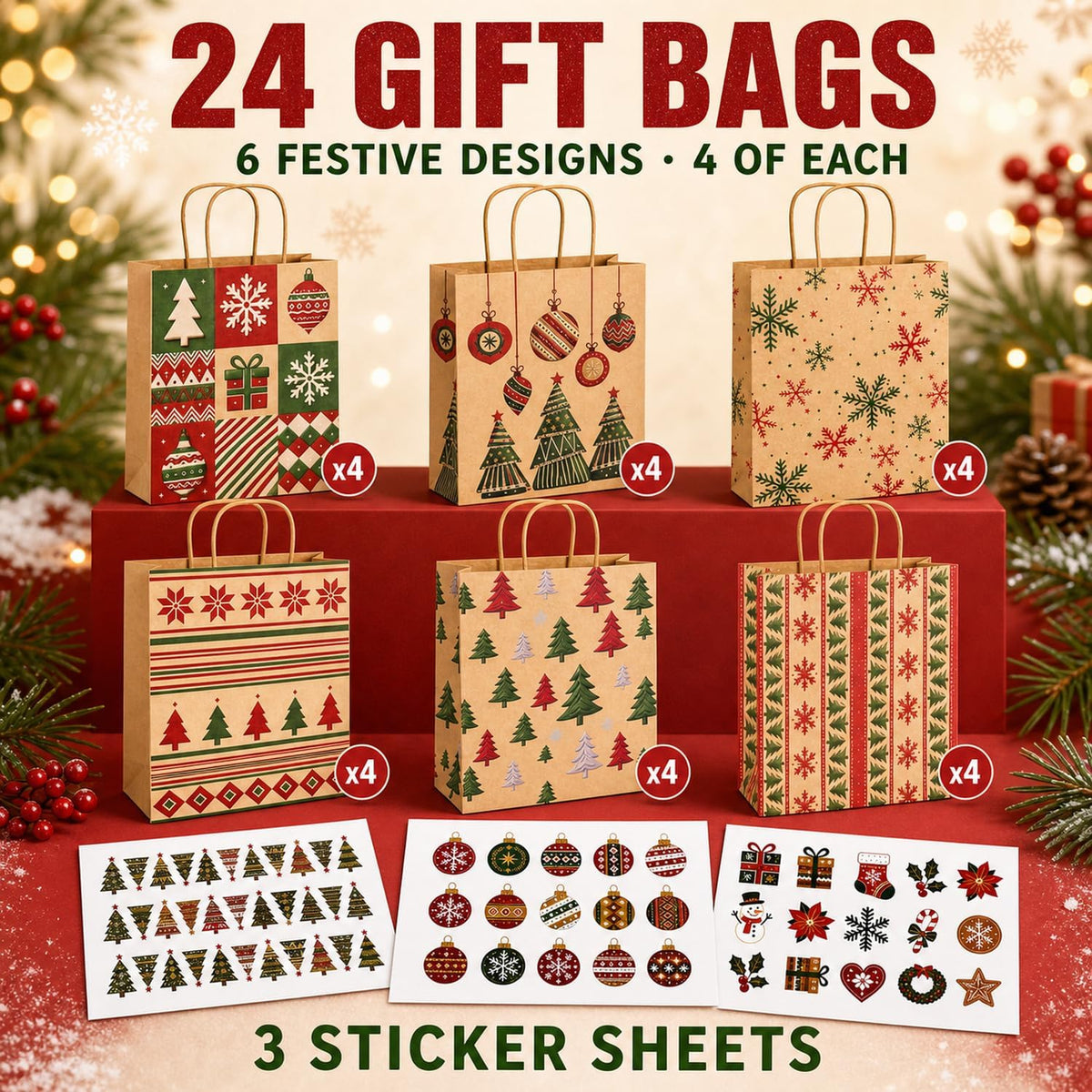 24 Pack Christmas Gift Bags with Handles, 9.1 In