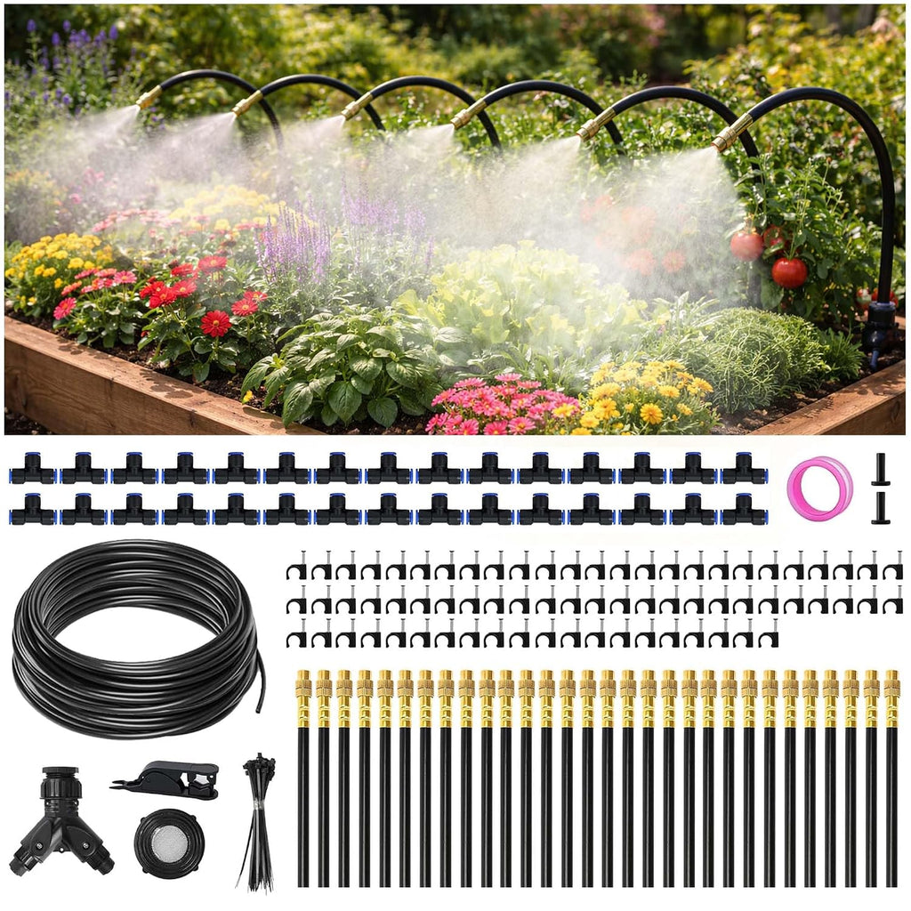 100FT Drip Irrigation System Kit Dual-Zone Garden Atomizing Watering System with 30 Copper 360° Adjustable Bendable