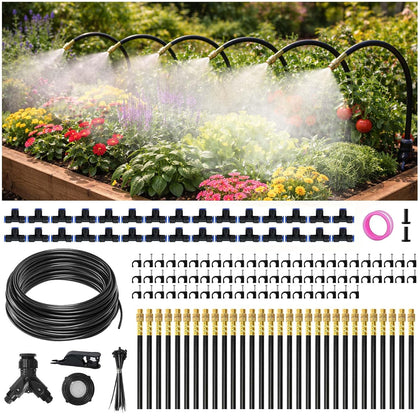 100FT Drip Irrigation System Kit Dual-Zone Garden Atomizing Watering System with 30 Copper 360° Adjustable Bendable