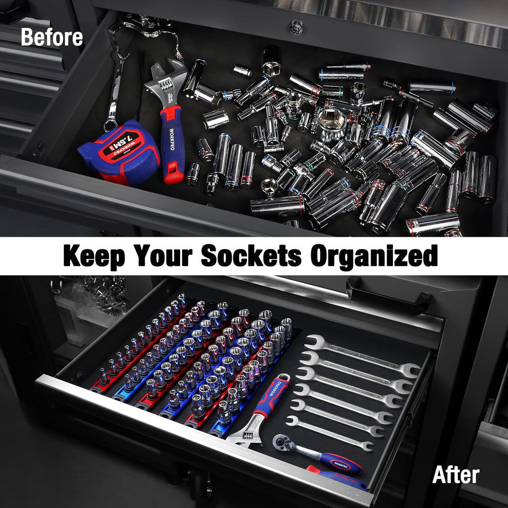 Magnetic Socket Organizer Set, 3-Piece 1/4” 3/8” 1/2” Socket Rails