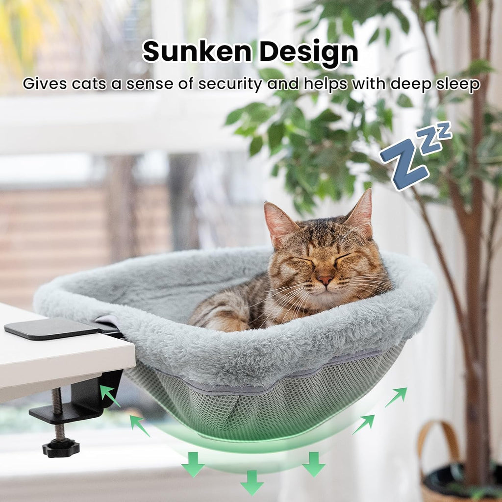 Cat Desk Bed - One-Click Folding,Sunken Design & Space-Saving Semi-Circular Cat Bed, Soft Faux Rabbit Fur Material