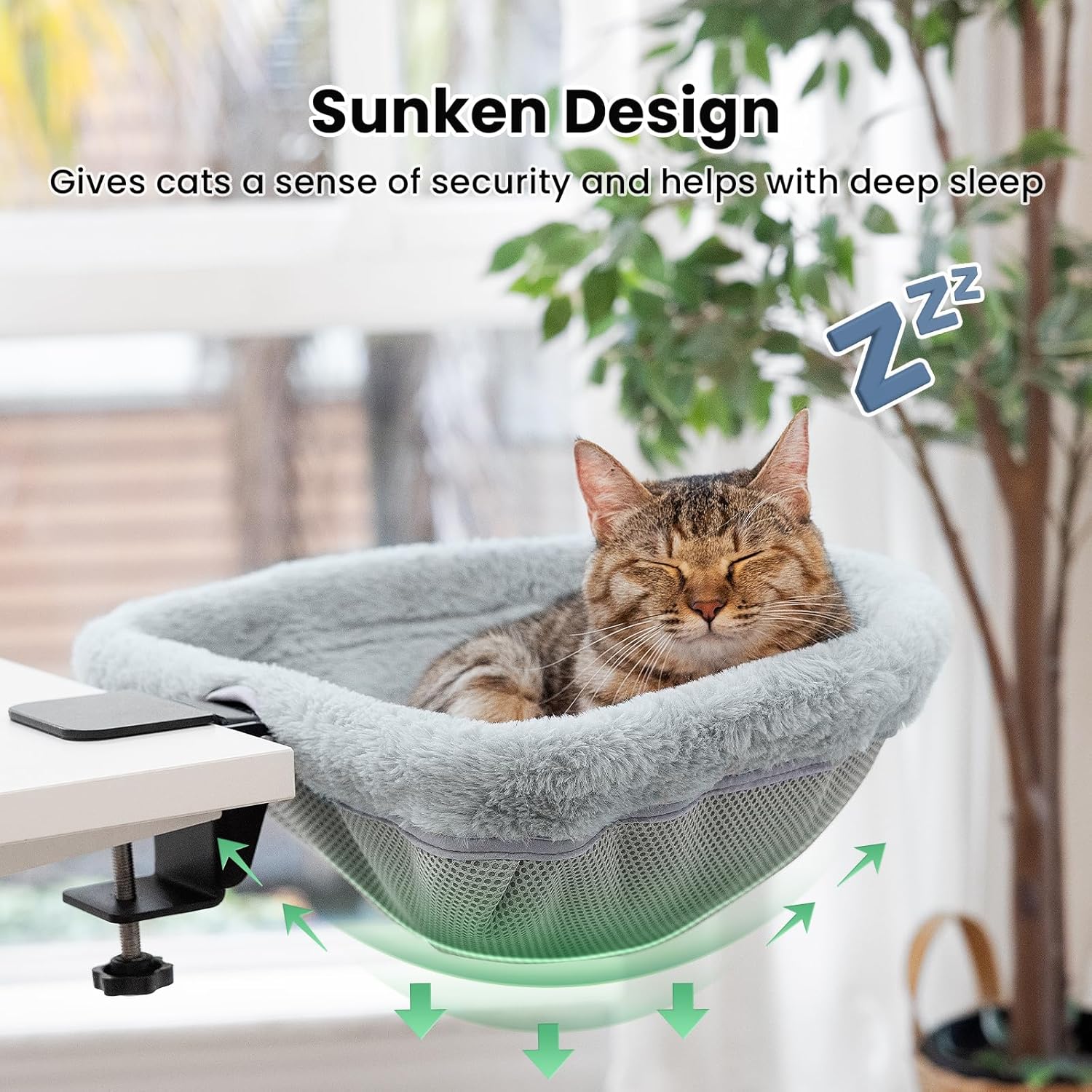 Cat Desk Bed - One-Click Folding,Sunken Design & Space-Saving Semi-Circular Cat Bed, Soft Faux Rabbit Fur Material
