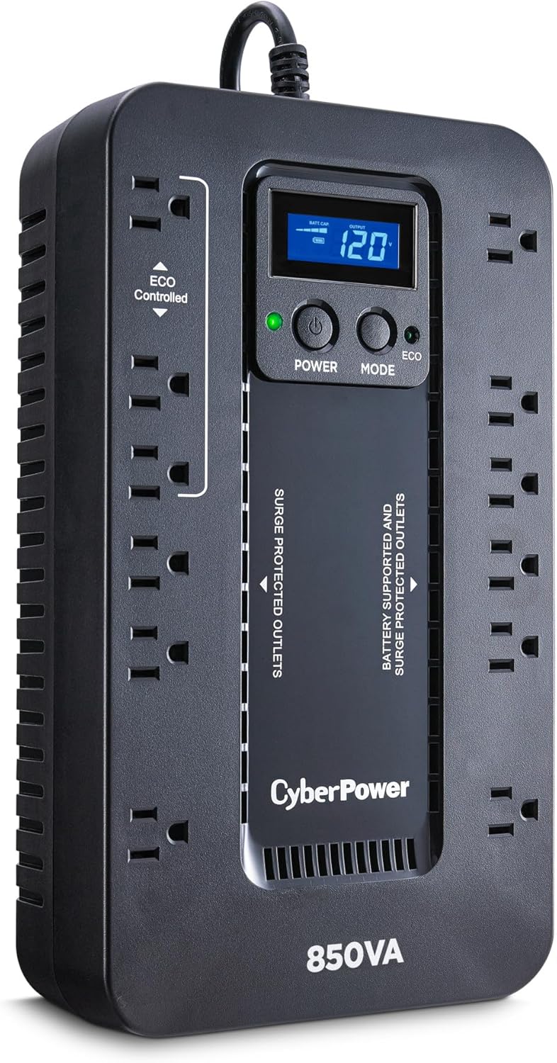 EC850LCD Ecologic UPS Battery Backup and Surge Protector | 850VA/510W, 12 Outlets, ECO Mode, Compact, UL Certified
