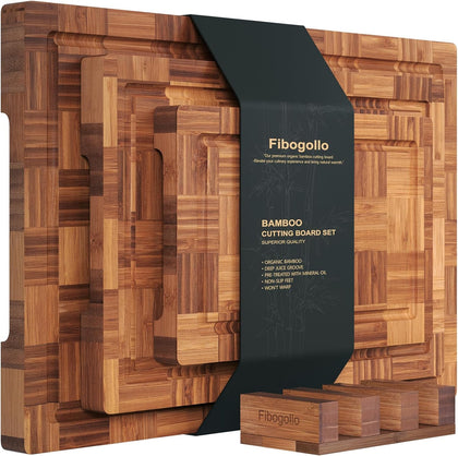 Bamboo Cutting Boards for Kitchen,Chopping Boards Set with Juice Groove,End Grain Bamboo Butcher Block,Serving Board