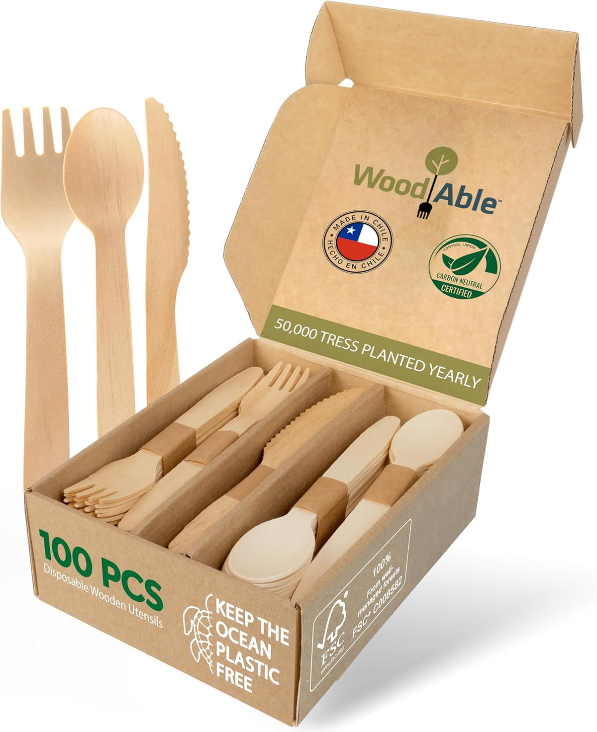 Wooden Cutlery, 100 Pack, 6.5 Inch, Bamboo Utensils Alternative