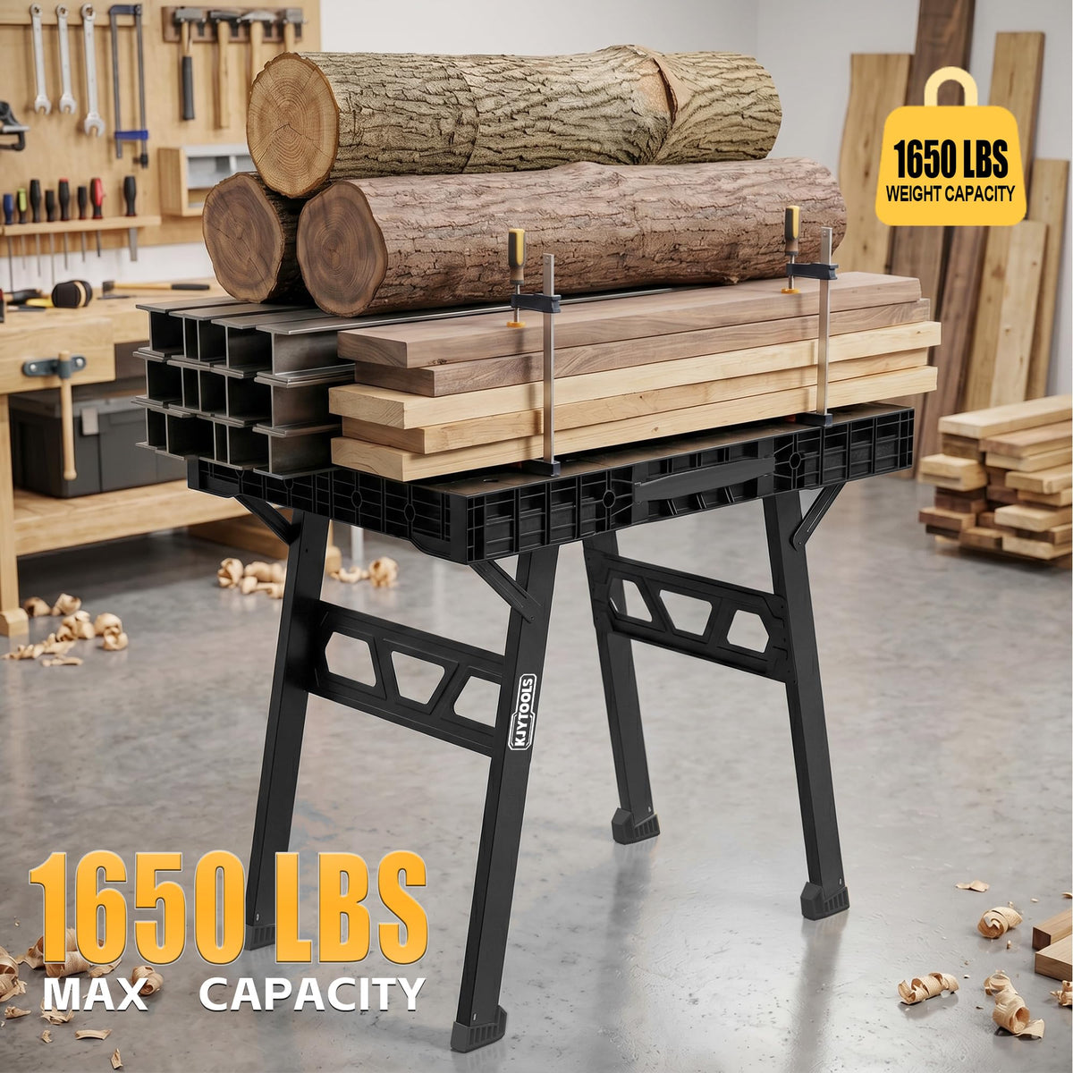 Portable Work Table, 1650lbs Capacity, Folding Work Bench, Black