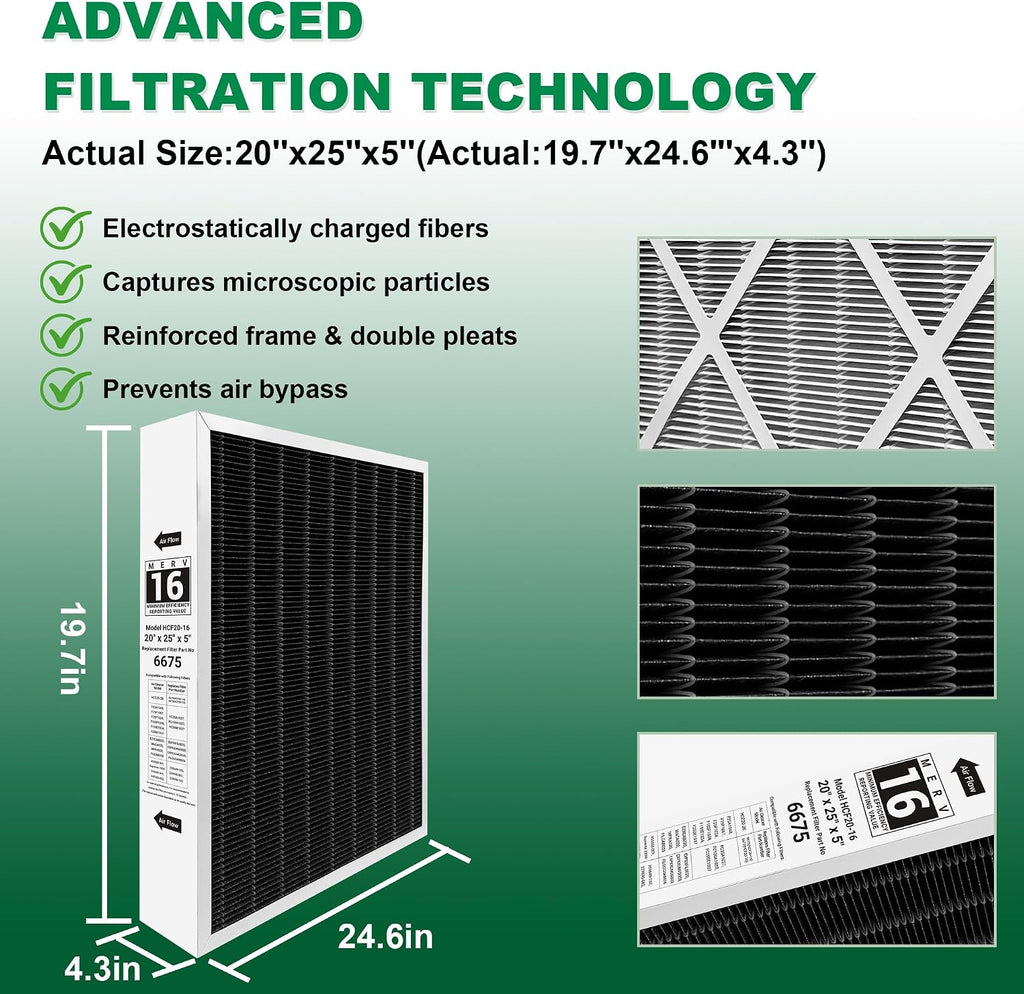 X6675 20x25x5 in. MERV 16 HVAC Furnace Air Filter, 2-PACK | Carbon-Infused, Fits Lennox X6675 & HCC20-28 Furnace HVAC